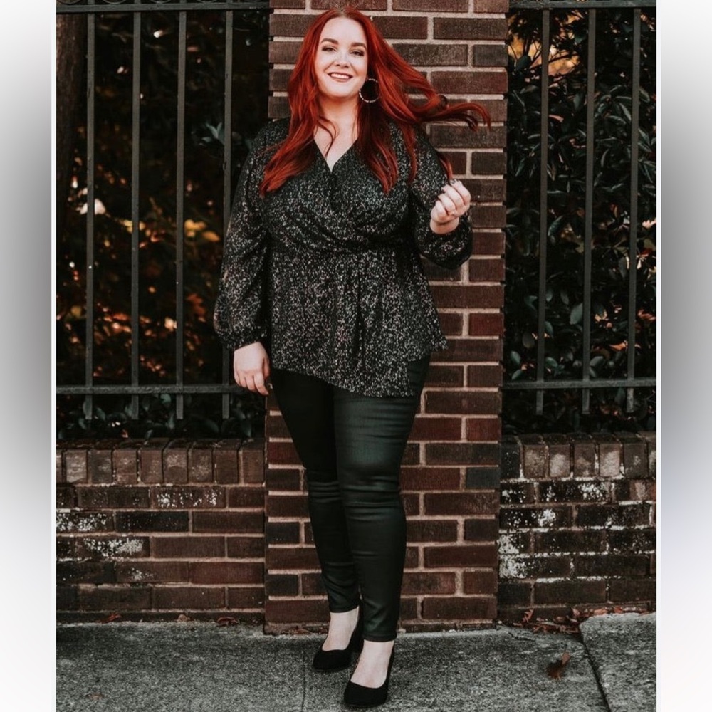 Lane Bryant Glitter Faux Wrap Blouse With Lomg Sheer Sleeves
